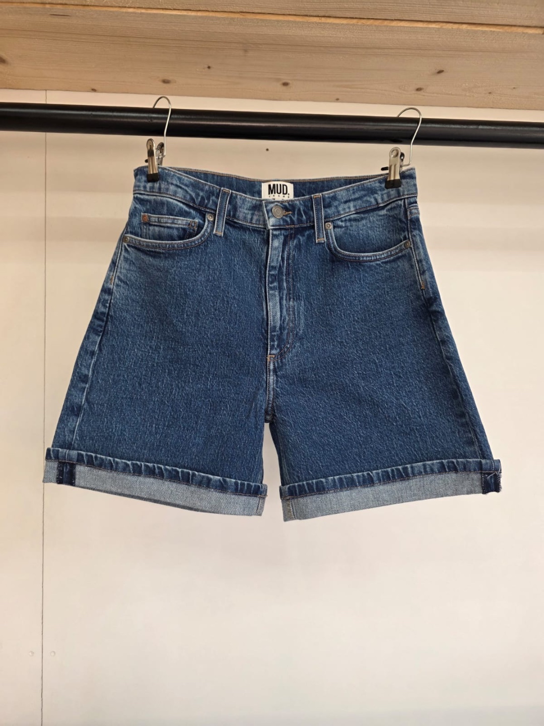 MUD Jeans blue denim shorts — front view