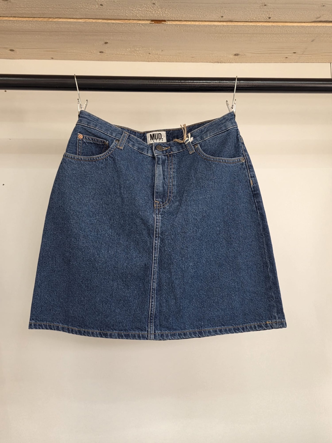 MUD Jeans blue denim mini skirt — front view