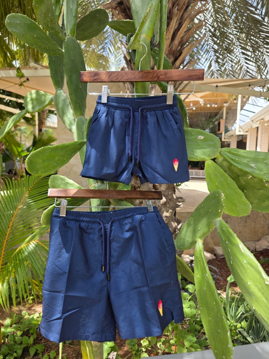 Narwal navy swim shorts with ice cream embroidery — daddy and me set on cactus