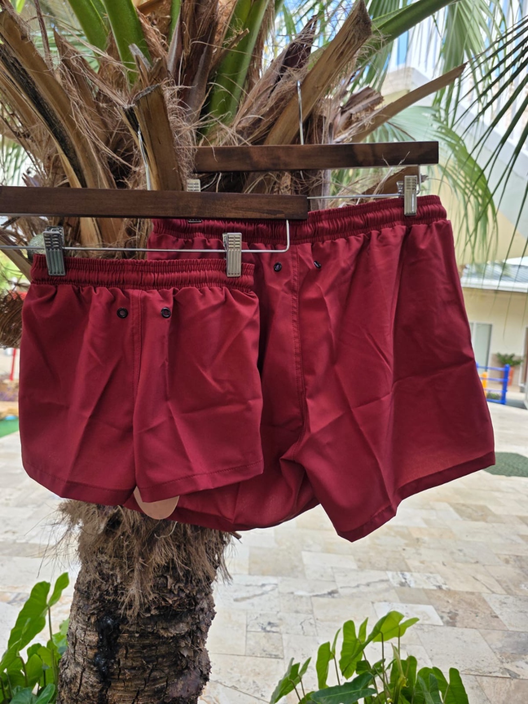 Narwal red swim shorts daddy and me set on palm tree