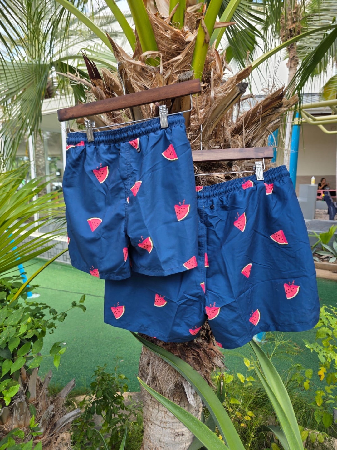 Narwal watermelon print swim shorts daddy and me set — two sizes on tropical tree