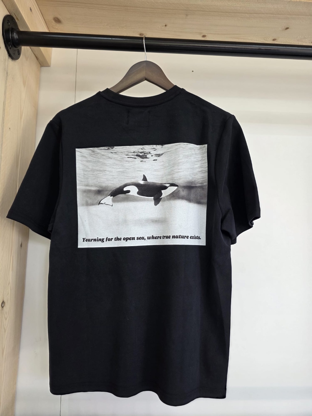 Narwal black tee — orca whale black and white photo print with quote on back